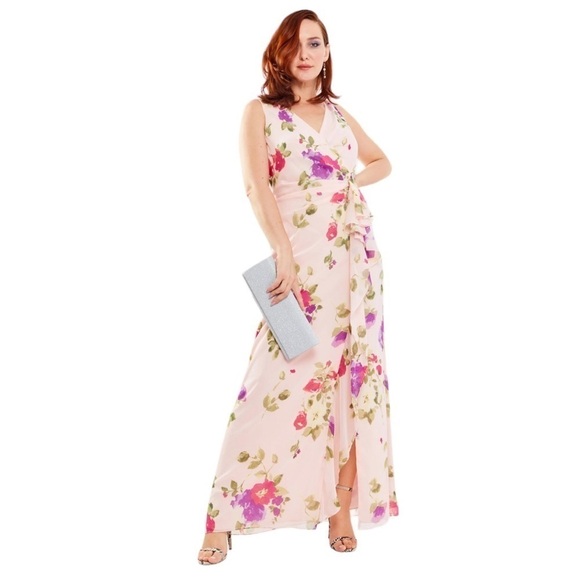 Lauren Ralph Lauren Pink Floral Georgette Gown Gathered Gem Waist Size 2 - Picture 12 of 12